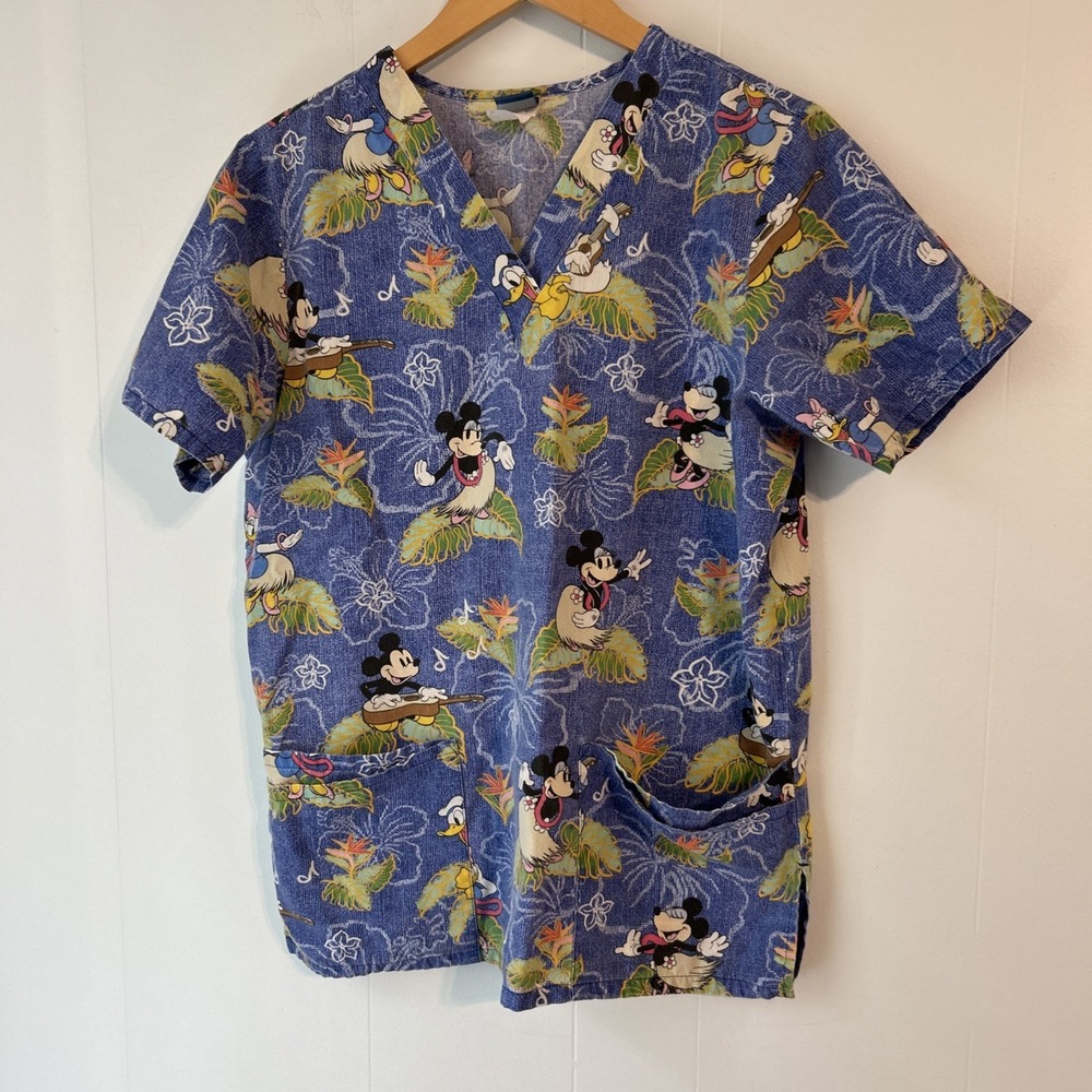 Disney vantage Scrub Top Women's Small Blue Luau Mickey Minnie Donald Daisy Aloh